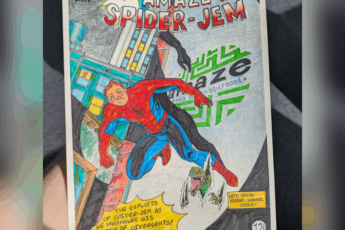 A detailed artwork drawn like a comic book cover, with a title of "The Amaze-ing spider-Jem", showing Jem as spiderman stood in a spotlight, with a big Amaze logo projected on the floor behind him, and a lizard creature breaking through. The caption reads "The exploits of Spider-Jem as he wrangles his crew of divergents!" and a box reads "With speical feature and Jurassic League!"