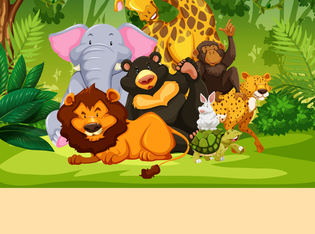 Group of animals including an elephant, a giraffe, a lion, a monkey, and more.