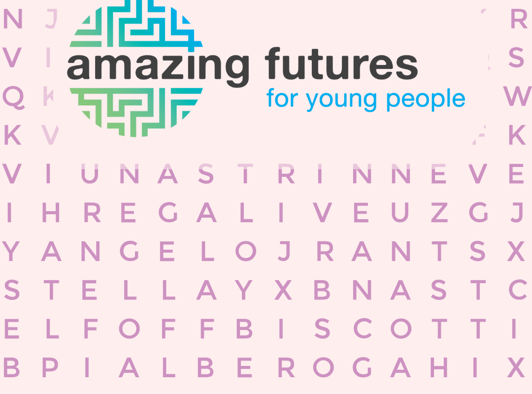Amazing Futures logo with a grid of letters in the background like a wordsearch