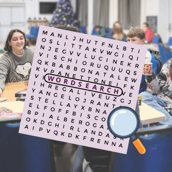 Young people at Amazing Futures youth group, with a wordsearch graphic over the top.
