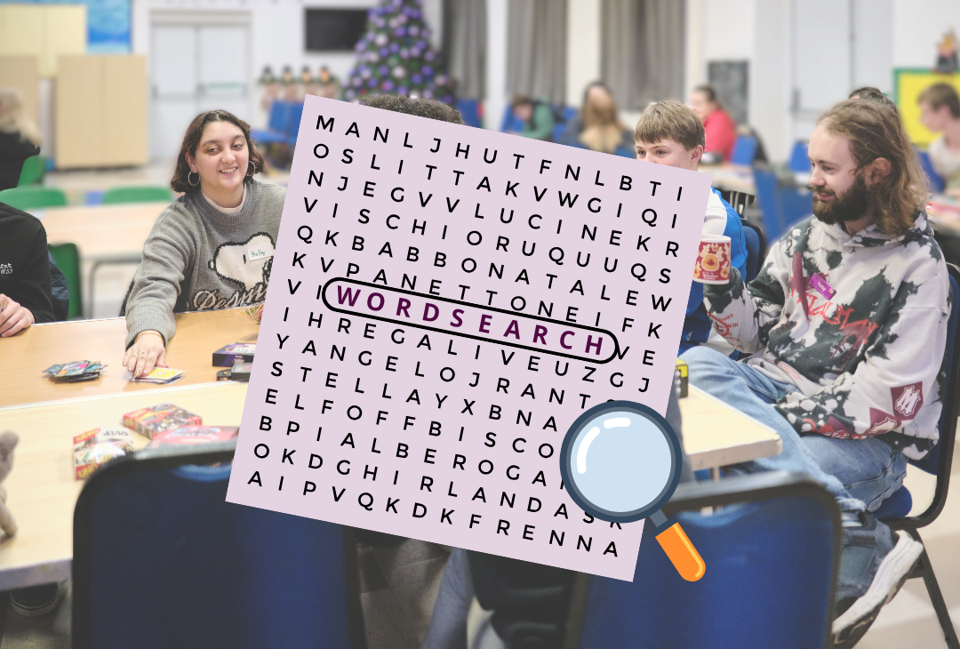 Young people at Amazing Futures youth group, with a wordsearch graphic over the top.