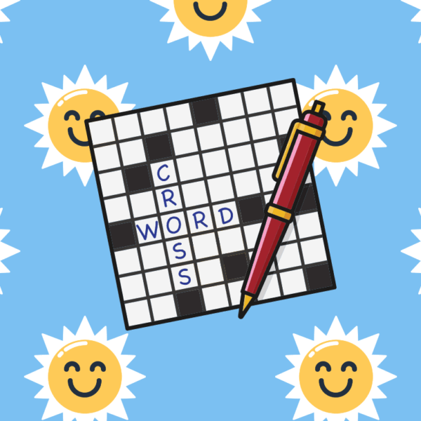 Crossword, with smiling suns behind.