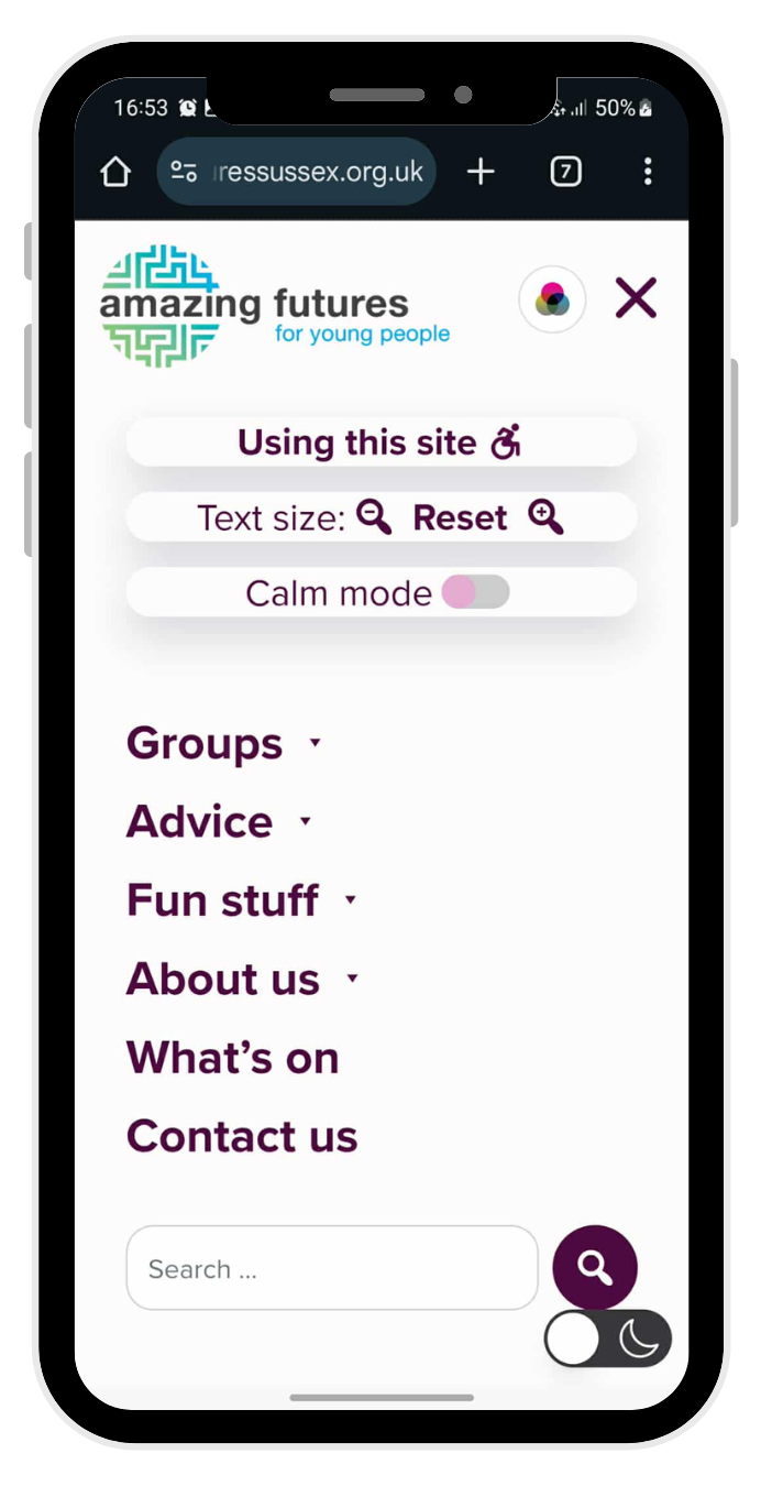 Phone screen showing website menu, listing Groups, advice, fun stuff, about us, what's on, contact us. There are also accessibility tools at the top of the page.