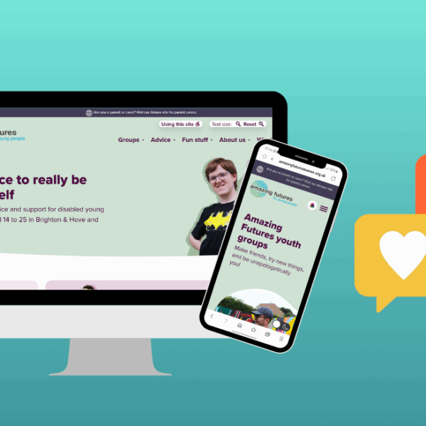 Amazing Futures website with speech bubble and heart react next to it