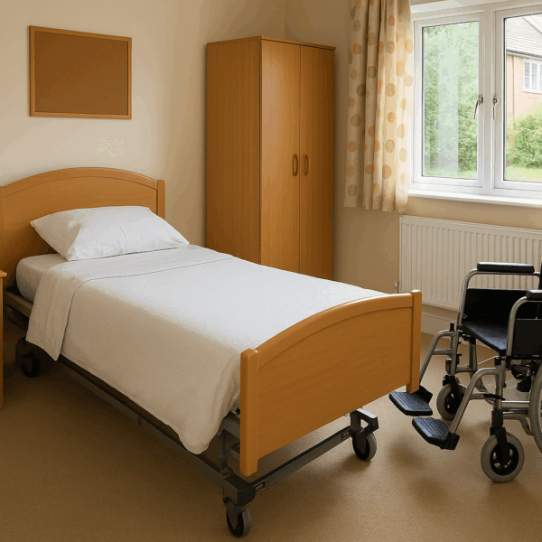 Care home bedroom with wheelchair and window