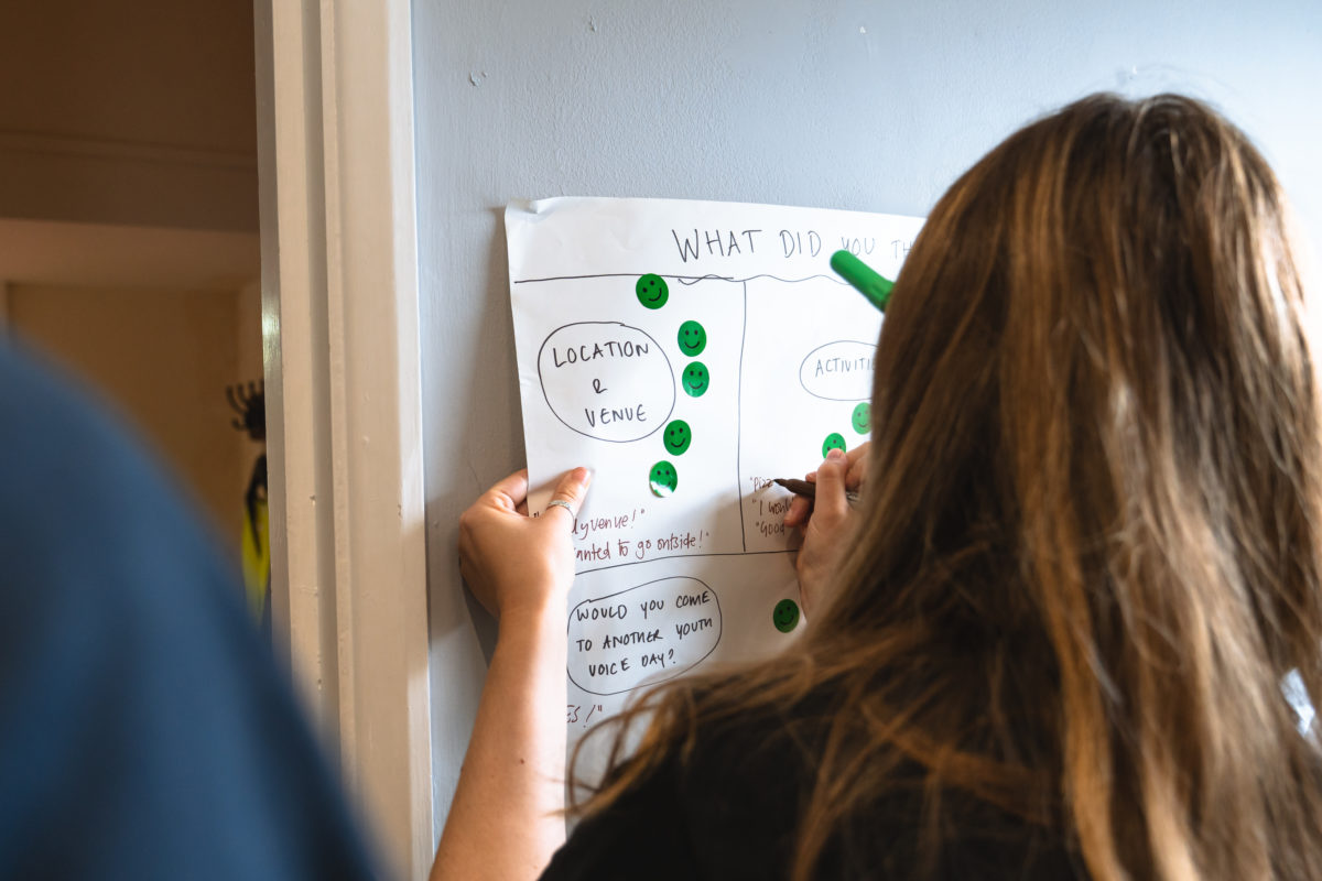 There is a sheet up on the wall with questions for young people to give feedback on the Youth Voice Day. There are green smiley face stickers placed on some sections. Someone is writing on the piece of paper.