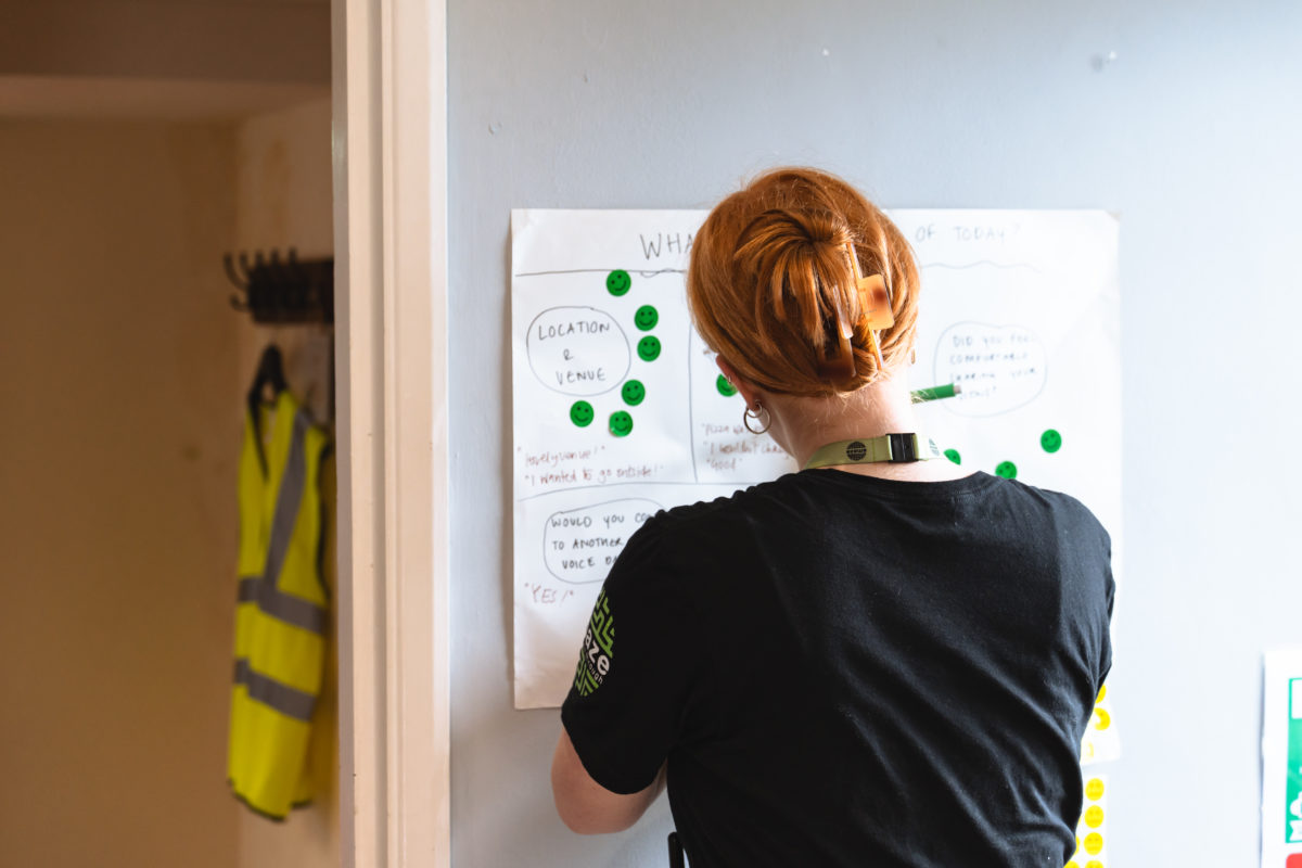 There is a sheet up on the wall with questions for young people to give feedback on the Youth Voice Day. There are green smiley face stickers placed on some sections. Someone is writing on the piece of paper.