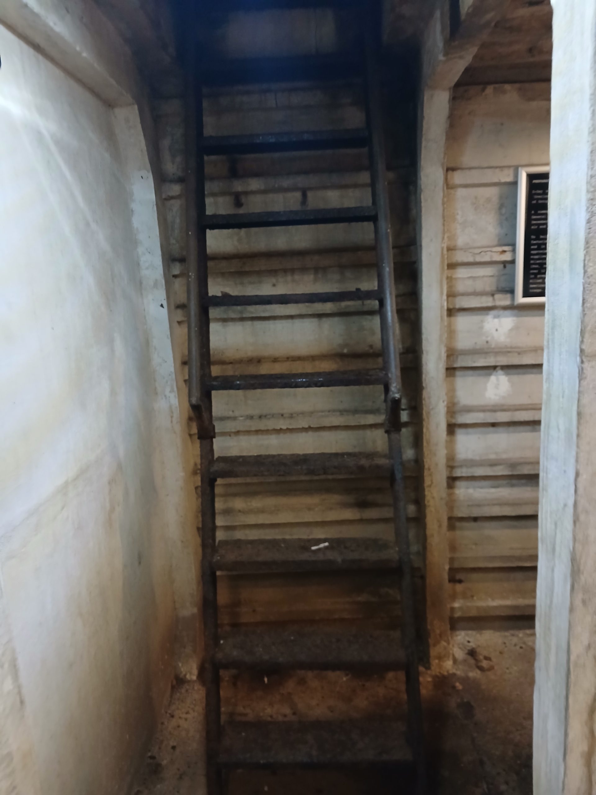 Inside the tunnel, white concrete walls, with a ladder leading up.