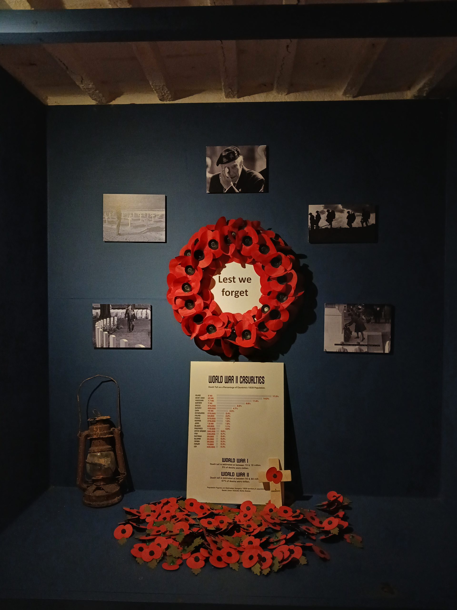Memorial with photos and red poppies.