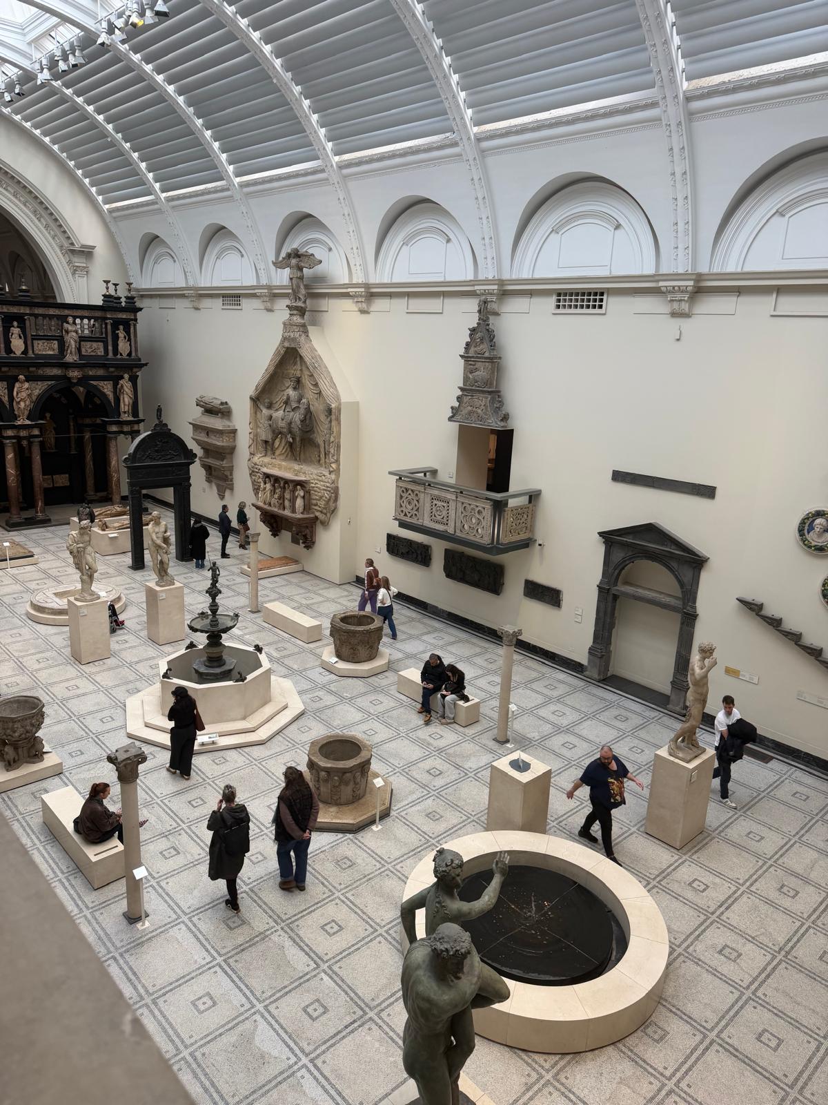 Looking down on a large area with statues and old-looking architecture.