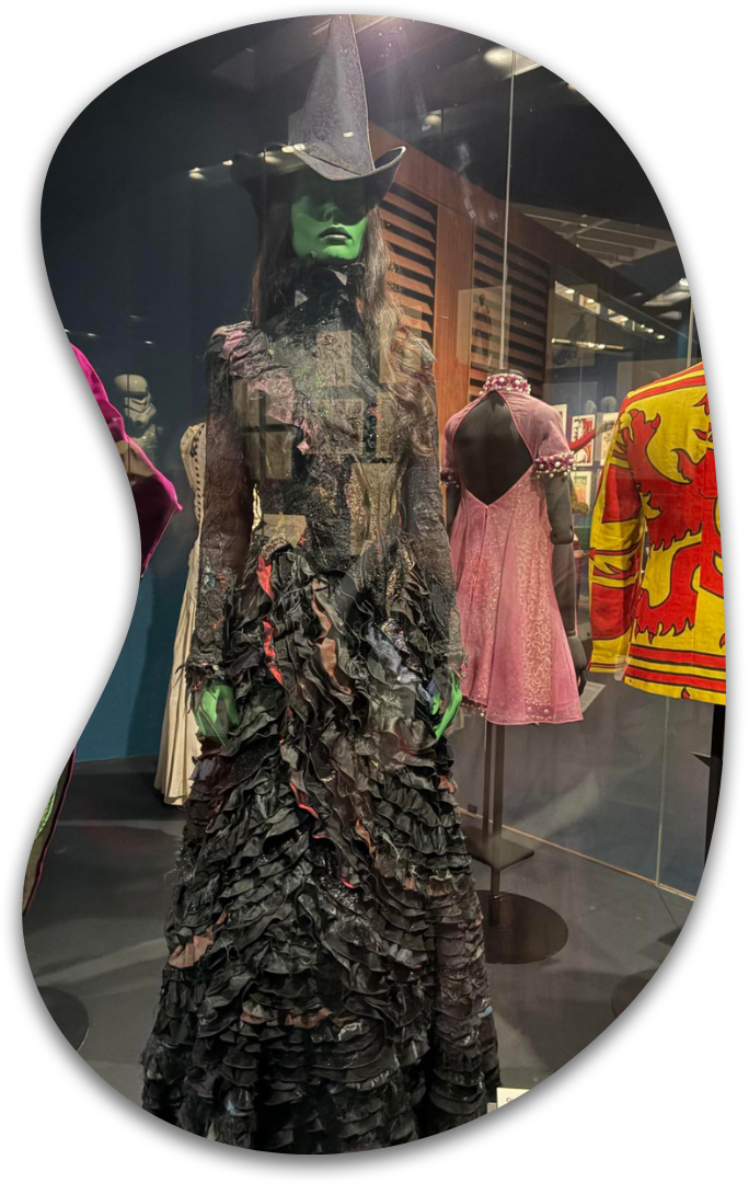 Costume for Elphaba in Wicked - a witch with green skin and a pointy black witch's hat and dress.