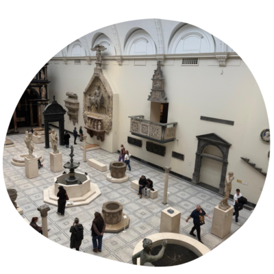 Looking down on a large area with statues and old-looking architecture.