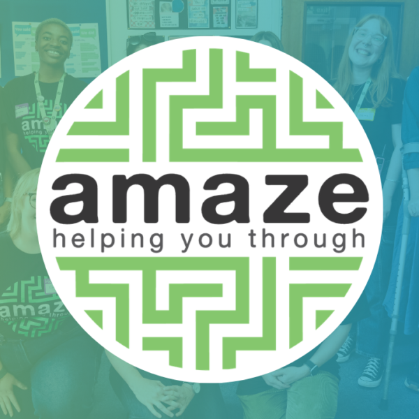 Amaze logo, photo of Amazing Futures team behind