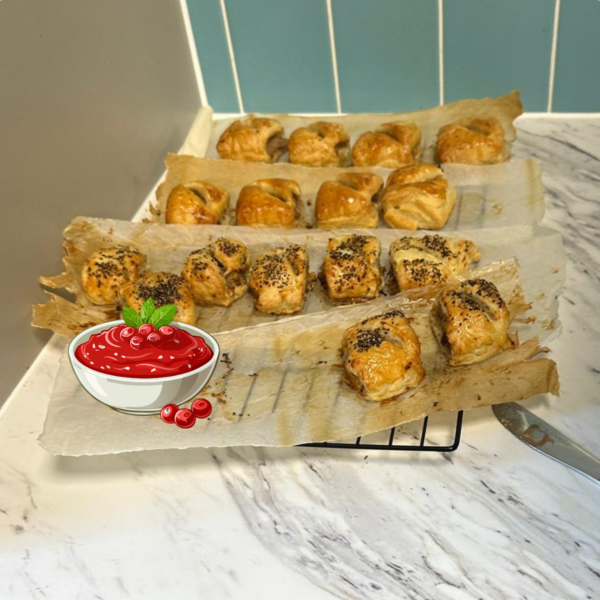 tray of sausage rolls just out of the oven, and graphic of cranberry sauce