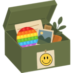 Sensory box containing a rainbow push pop sensory aid, photo, branch with leaves, and piece of paper with writing on it.