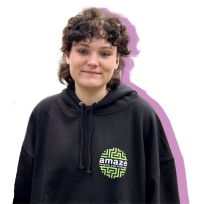 Young person in an Amaze hoodie.